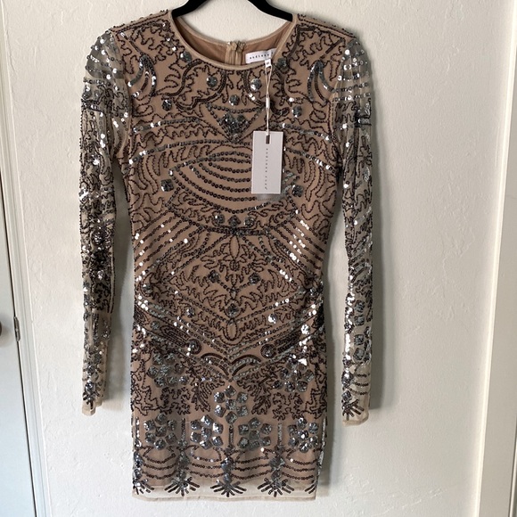 NWT. Short sequin dress. Nude lining and sheer arms. Long sleeve. XS. - Picture 1 of 3